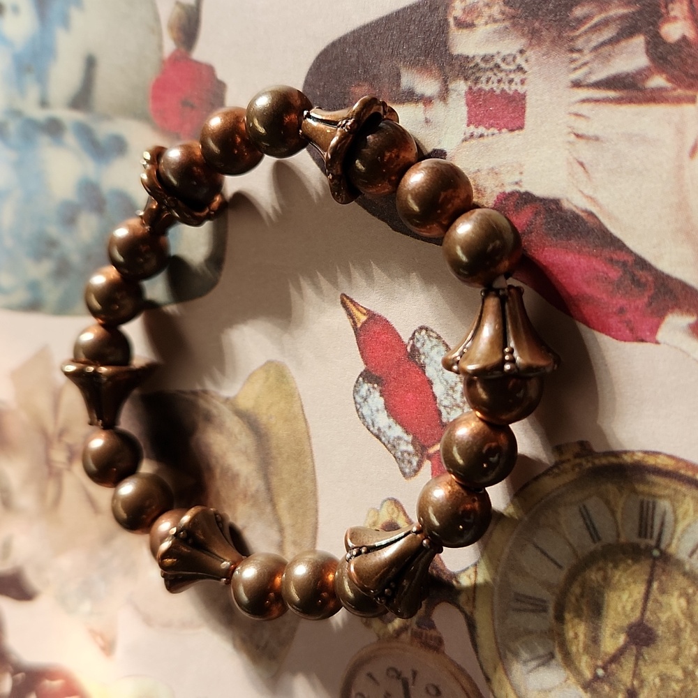 Handcrafted Healing Beaded Genuine Copper Stretch bracelet with patina Sz 8